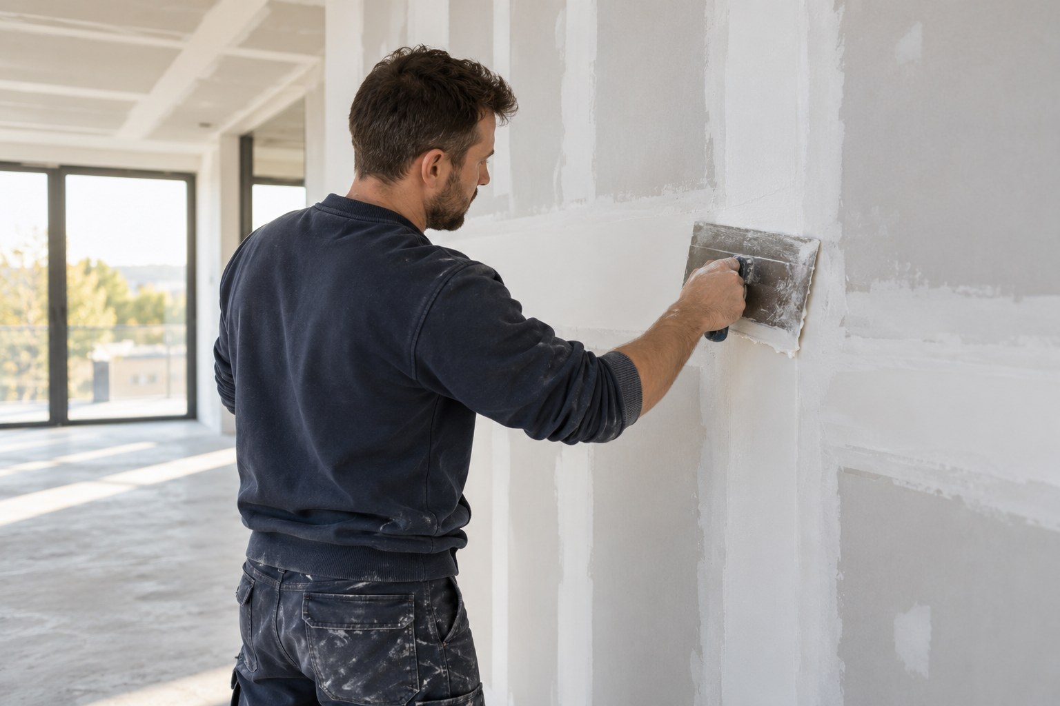 Illustratie van een vakman die voegafwerking aanbrengt op een gipskartonwand